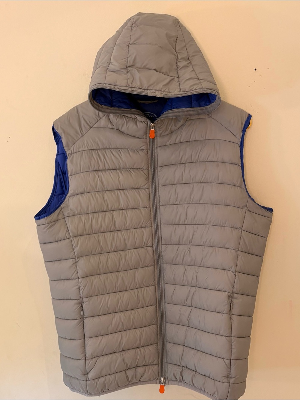 SAVE THE DUCK Zip Front Lightweight Gray Hooded Puffer Vest Blue Lining Sz M